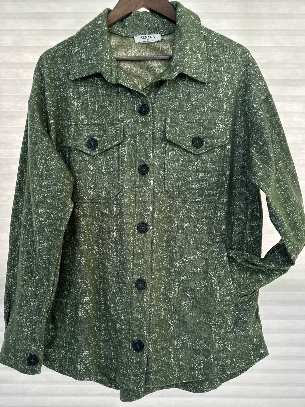 Zenana Melange Shacket Oversized Shirt Jacket Olive Heathered Green Sz Small
